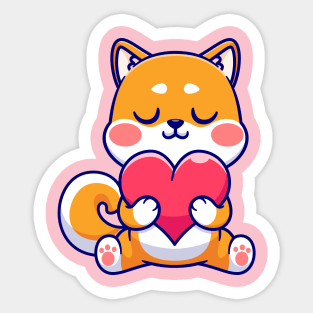 Cute Shiba Inu Dog Holding Love Heart Cartoon Sticker